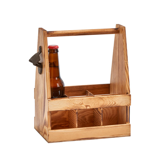 Light Wood 6 Bottle Beverage Caddy with Opener