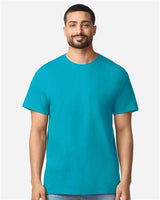 Gildan 100 plain white T-shirts stacked neatly, displayed as part of a limited time deal offer.