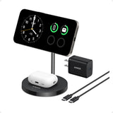 Anker MagGo 2-in-1 Wireless Charger Stand in black with 15W fast charging for smartphones and compatible devices.
