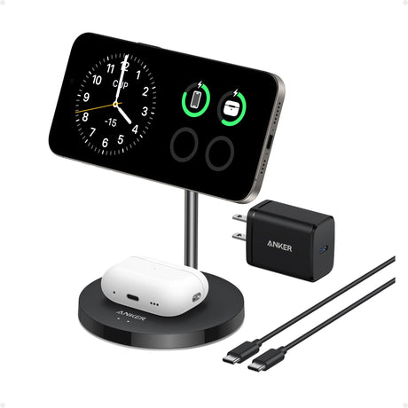 Anker MagGo 2-in-1 Wireless Charger Stand in black with 15W fast charging for smartphones and compatible devices.