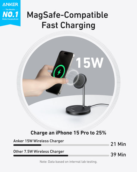 Anker MagGo 15W wireless charger stand in black with charging cable, designed for fast, convenient wireless device charging.