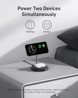 Anker MagGo 2-in-1 wireless charger stand in black with a 15W charging pad and phone holder, designed for fast wireless charging.