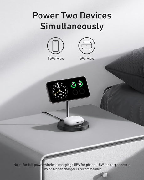 Anker MagGo 2-in-1 wireless charger stand in black with a 15W charging pad and phone holder, designed for fast wireless charging.