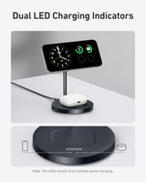 Anker MagGo 15W wireless charger stand in black with a charging cable, designed for fast and convenient device charging.