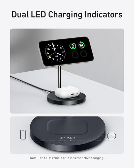 Anker MagGo 15W wireless charger stand in black with a charging cable, designed for fast and convenient device charging.