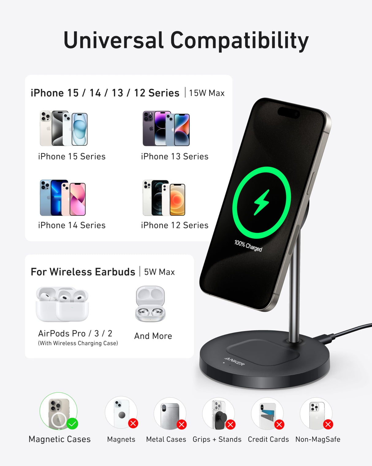 Anker MagGo 2-in-1 wireless charger stand in black with charging cable, supports 15W fast charging for smartphones and accessories.