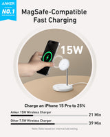 White Anker MagGo 2-in-1 wireless charger stand with 15W fast charging for smartphones and MagSafe-compatible devices.