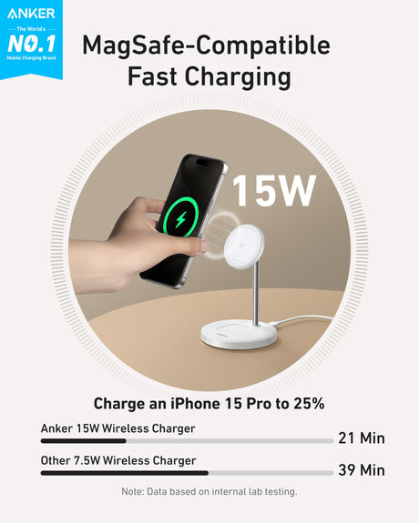 White Anker MagGo 2-in-1 wireless charger stand with 15W fast charging for smartphones and MagSafe-compatible devices.