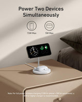 Anker MagGo 2-in-1 wireless charger stand in white with 15W fast charging for smartphones and compatible devices.