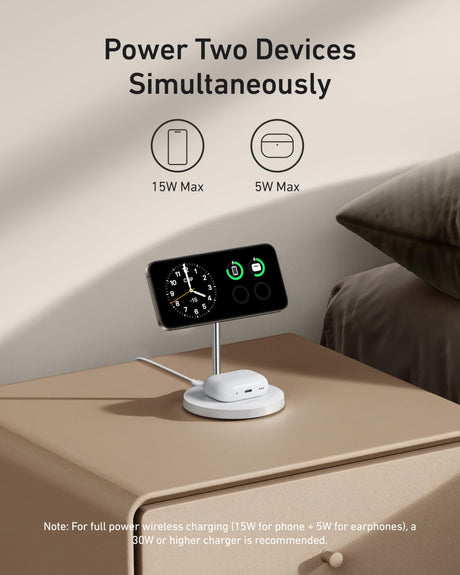 Anker MagGo 2-in-1 wireless charger stand in white with 15W fast charging for smartphones and compatible devices.