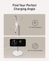 Anker MagGo 2-in-1 wireless charger stand in white with 15W charging pad and phone holder for fast wireless charging.