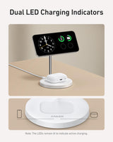 Anker MagGo 2-in-1 wireless charger stand with 15W fast charging for smartphones and compatible devices in white.