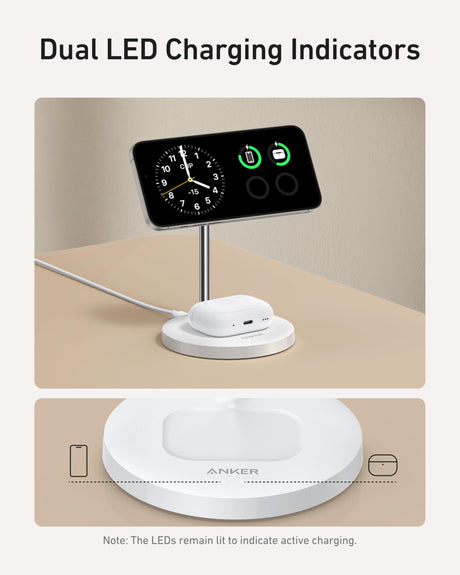 Anker MagGo 2-in-1 wireless charger stand with 15W fast charging for smartphones and compatible devices in white.