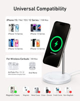 White Anker MagGo 15W 2-in-1 wireless charging stand with charger for smartphones and accessories, sleek and modern design.