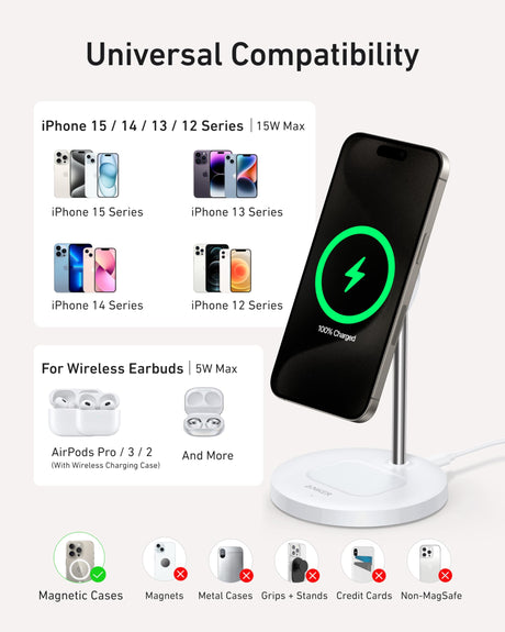 White Anker MagGo 15W 2-in-1 wireless charging stand with charger for smartphones and accessories, sleek and modern design.
