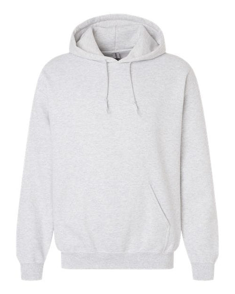 Gildan unisex Heavy Blend™ hooded sweatshirt in heather gray with front pouch pocket and drawstring hood.
