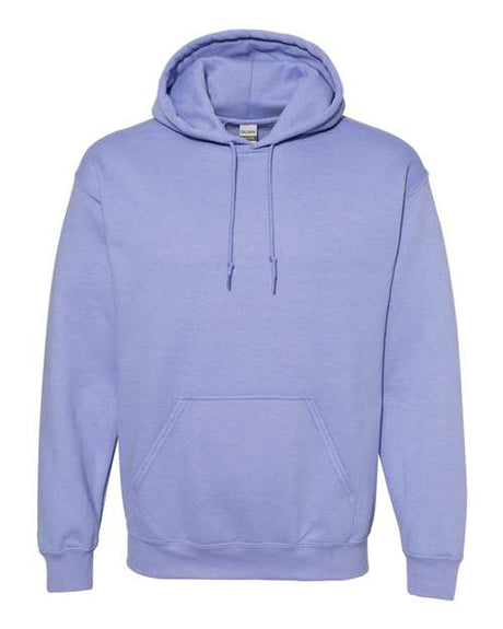 Unisex Heavy Blend hooded sweatshirt by Gildan, in heather gray, featuring a front pocket and drawstring hood.