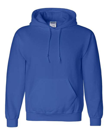Unisex Gildan DryBlend hooded sweatshirt in heather gray with front pocket and drawstring hood, casual and comfortable clothing.