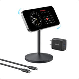 Black Anker MagGo wireless stand charger with included adapter and cable for easy charging and device compatibility.