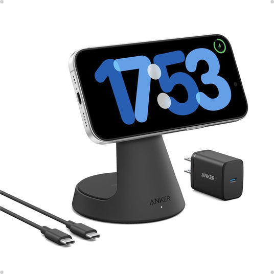 Anker MagGo Wireless Charger 2-in-1 dock stand with USB-C cable in black, designed for fast wireless device charging.