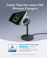 Black Anker MagGo Wireless Charger stand with included power adapter and cable, designed for fast wireless device charging.