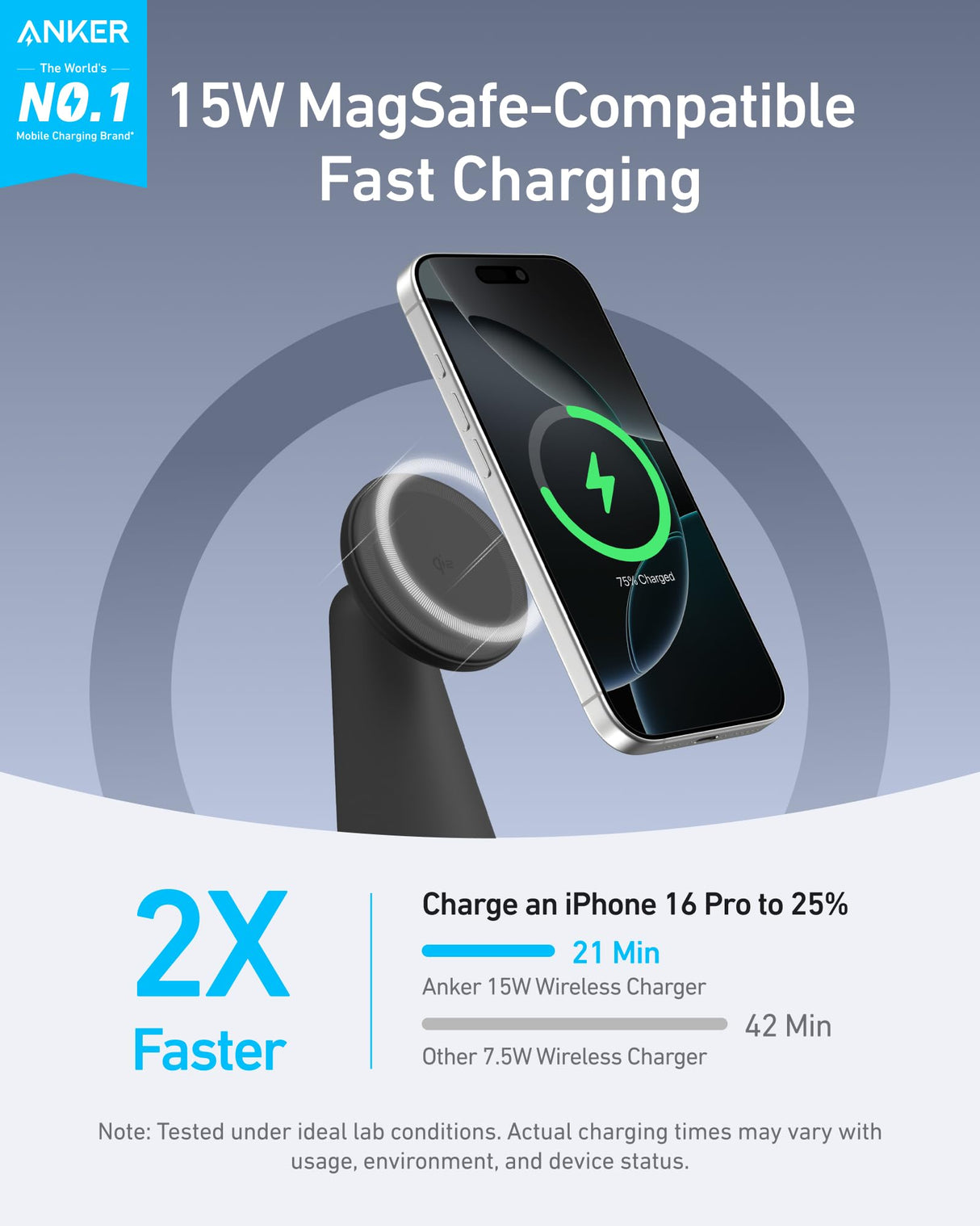 Anker MagGo wireless charger dock stand with USB-C cable in black, designed for 2-in-1 device charging and easy positioning.