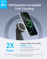 Anker MagGo wireless charger dock stand with USB-C cable in black, designed for 2-in-1 device charging and easy positioning.