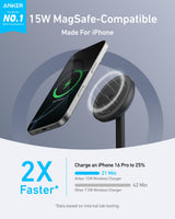 Anker MagGo wireless stand charger with adapter and cable in black, showing the sleek charging stand and accessories.