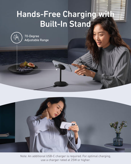 Anker MagGo wireless charging stand with adapter and cable in black, designed for fast, convenient phone charging.