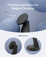 Black Anker MagGo wireless charger 2-in-1 dock stand with USB-C cable, designed for fast charging devices.