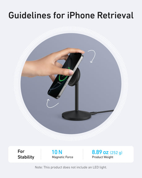 Black Anker MagGo Wireless Charger stand with adapter and cable, showing the sleek design and charging pad for compatible devices.