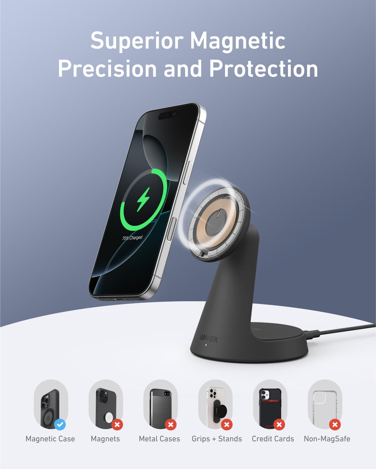 Black Anker MagGo 2-in-1 wireless charger dock stand with USB-C cable, designed for fast device charging and convenient placement.