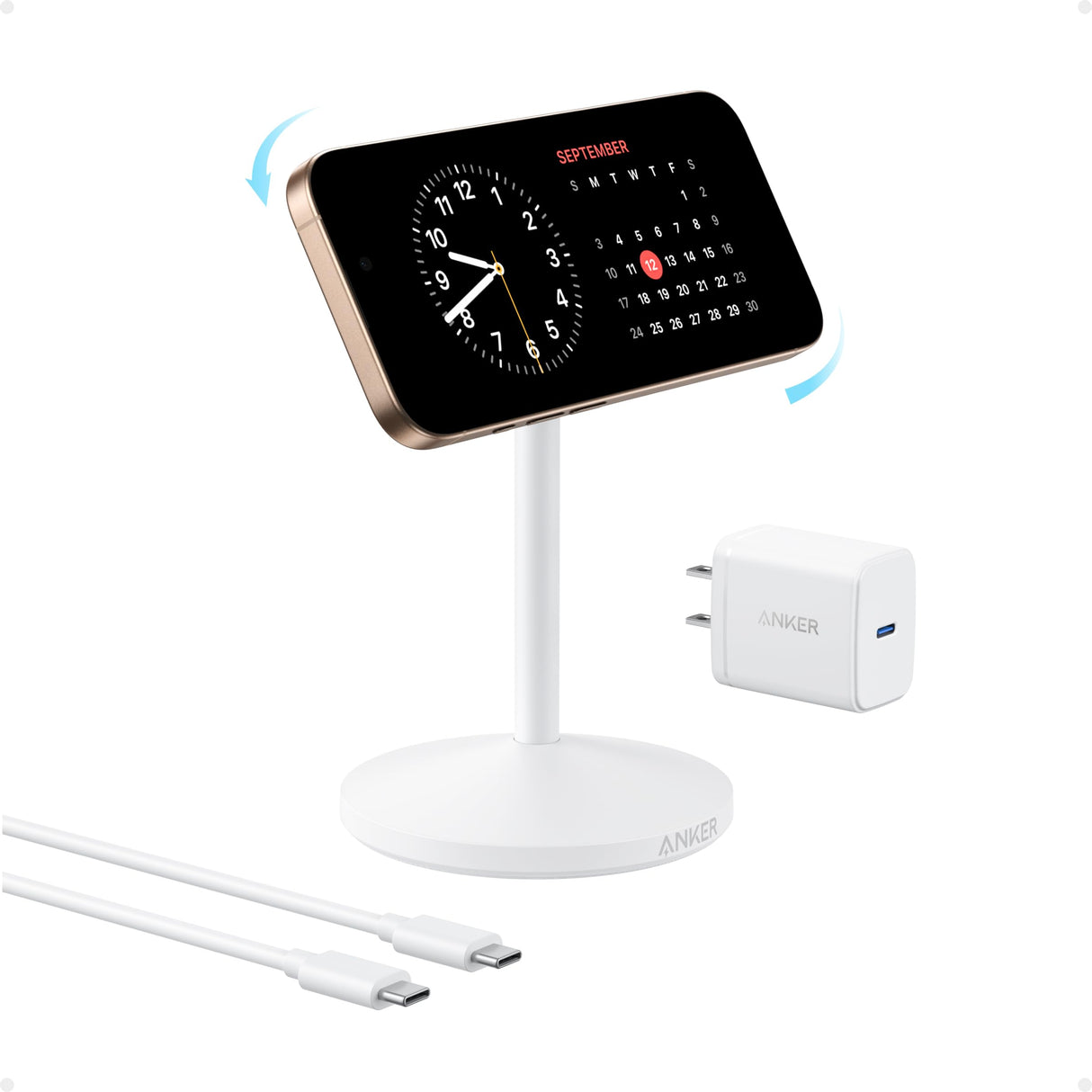 White Anker MagGo wireless charging stand with included adapter and cable, designed for fast and convenient device charging.