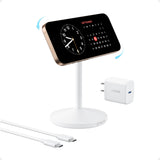 White Anker MagGo wireless charging stand with included adapter and cable, designed for fast and convenient device charging.