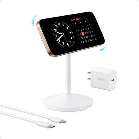 White Anker MagGo wireless charging stand with included adapter and cable, designed for fast and convenient device charging.