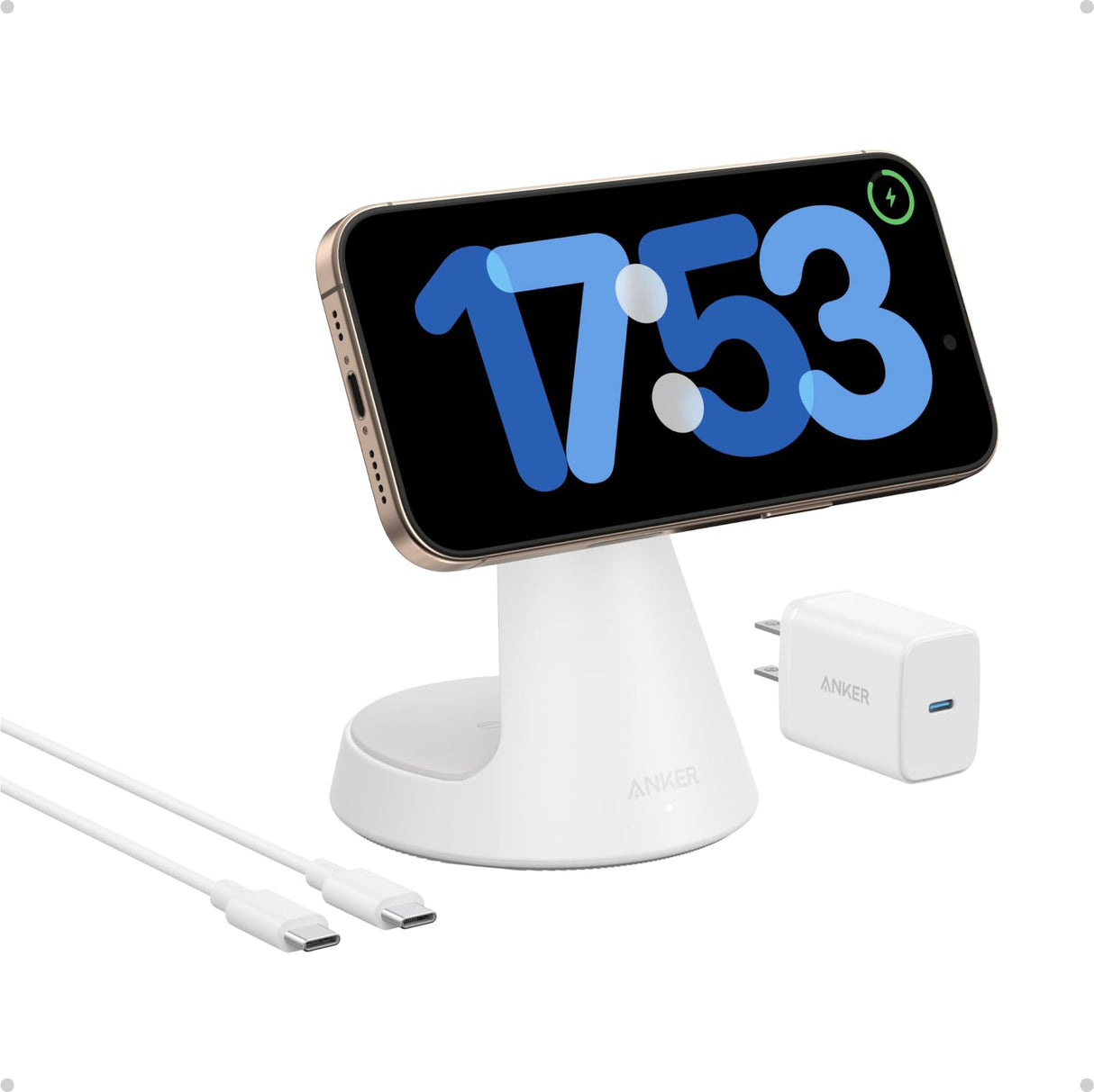 Anker MagGo 2-in-1 wireless charger dock stand with USB-C cable, white color for easy phone and accessory charging.