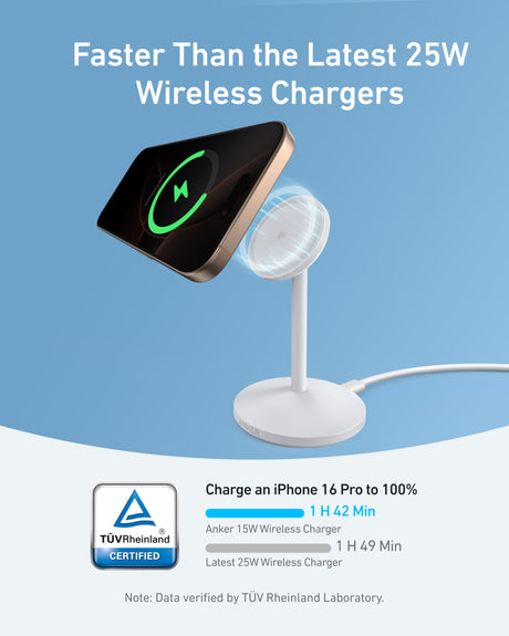 Anker MagGo wireless charging stand with adapter and cable, white color, designed for fast wireless charging of compatible devices.