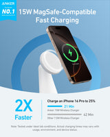 White Anker MagGo 2-in-1 wireless charger dock stand with USB-C cable for fast charging and device compatibility.