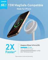 Anker MagGo wireless charger stand with adapter and cable, white, designed for fast smartphone charging.