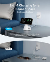 Anker MagGo 2-in-1 wireless charger dock stand with USB-C cable, white, designed for easy phone and accessory charging.