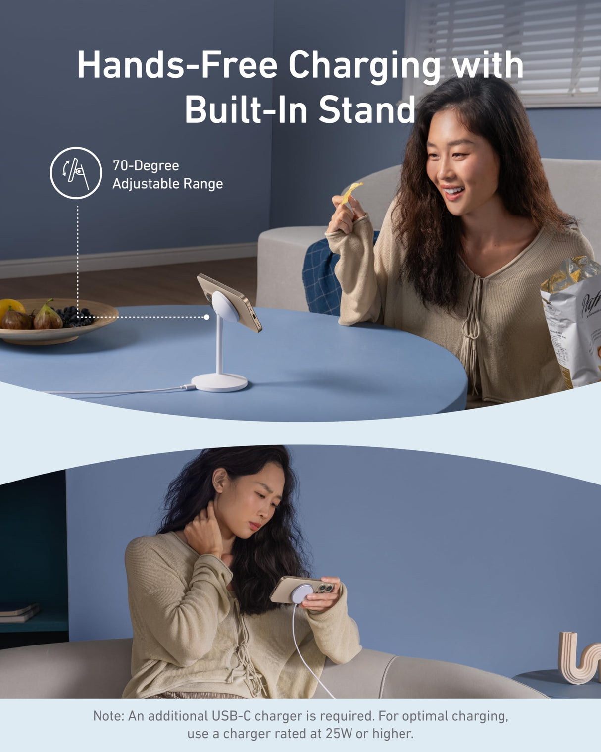 White Anker MagGo wireless charger stand with built-in adapter and cable, designed for fast and convenient charging.