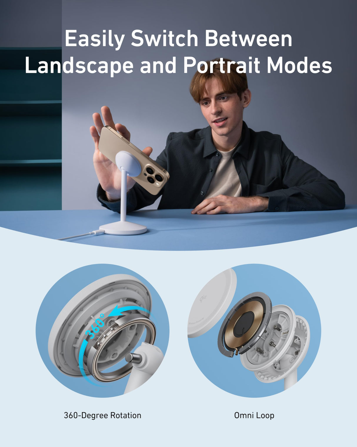White Anker MagGo wireless charger stand with included adapter and cable, designed for convenient device charging.