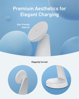 Anker MagGo 2-in-1 wireless charger dock stand with USB-C cable, white color, designed for easy device charging.