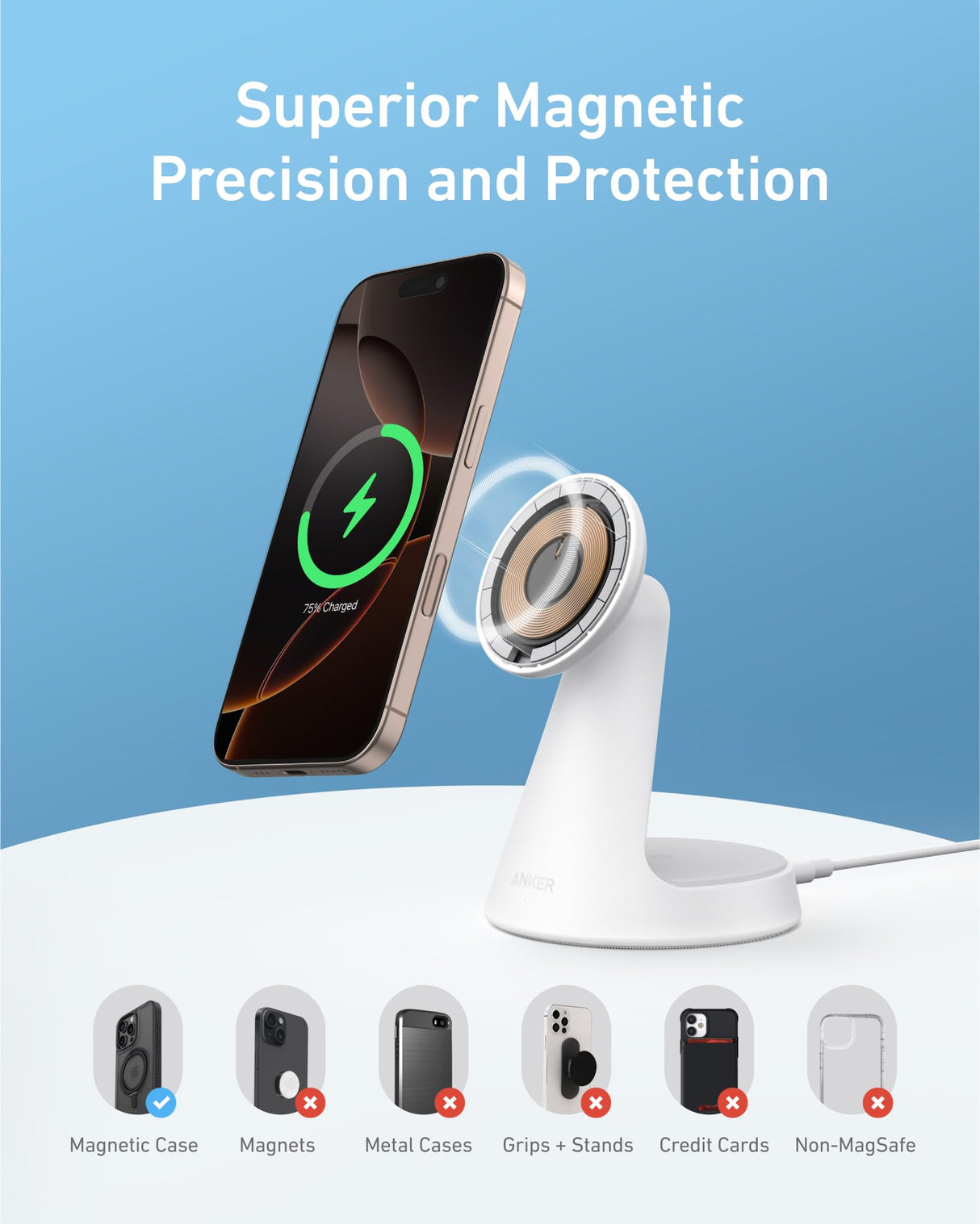 Anker MagGo wireless charger 2-in-1 dock stand with USB-C cable, white color, designed for Qi-enabled devices.
