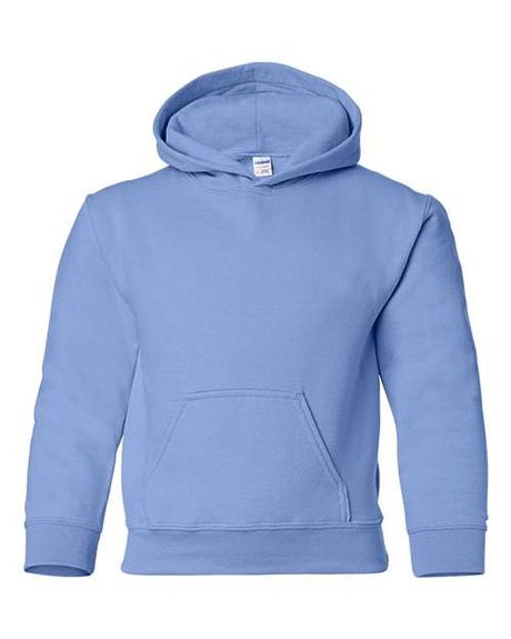 Gildan Youth Heavy Blend™ Hoodie in gray, front view showing hood, front pouch pocket, and soft fabric.