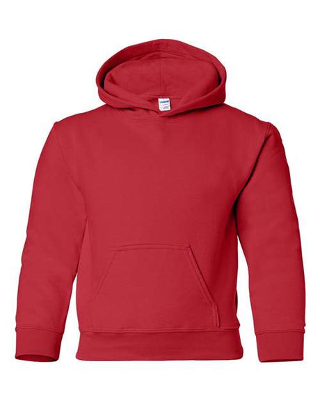 Youth Gildan Heavy Blend™ Hooded Sweatshirt, front view showing gray fabric, adjustable drawstrings, and kangaroo pocket.