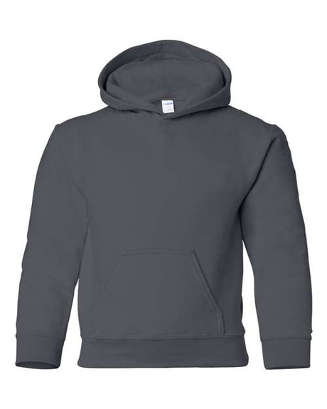 Youth Heavy Blend™ Hooded Sweatshirt by Gildan, front view showing gray fabric and hood with drawstrings.