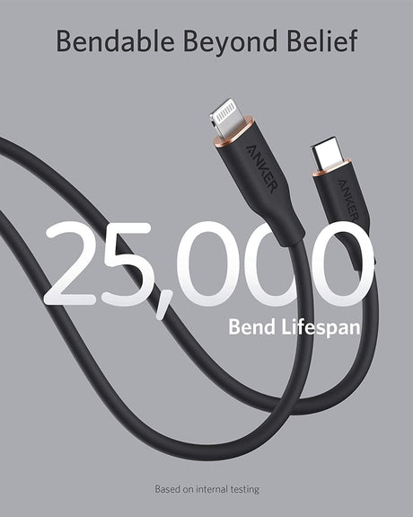 Anker 641 USB-C to Lightning Cable, 3 ft silicone braided charging and data cable for Apple devices, blue color.