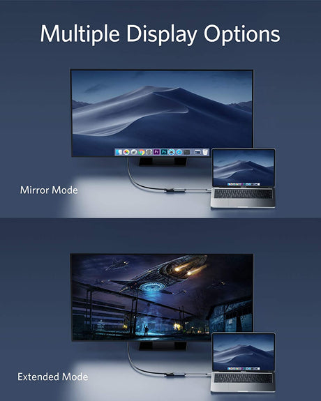 Anker PowerExpand USB-C to DisplayPort adapter connected to a laptop, showing the compact black adapter with DisplayPort connector.