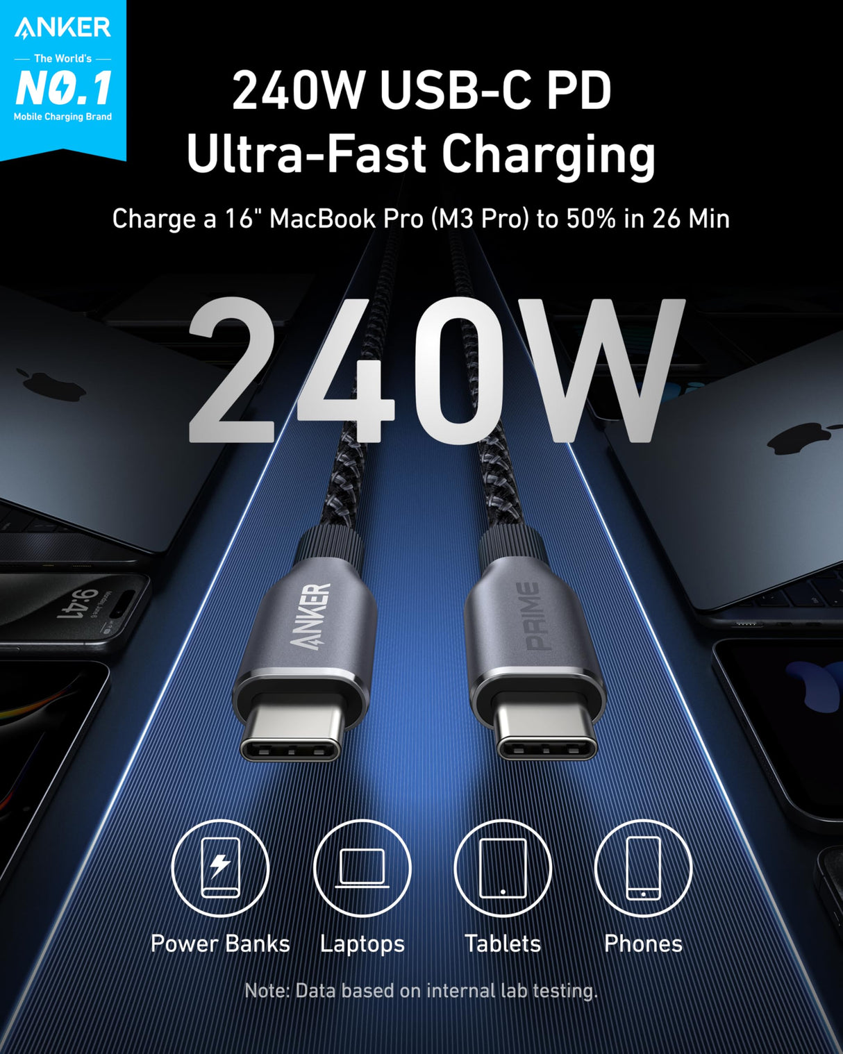 Anker Prime USB-C to USB-C cable with upcycled braided design, 3ft length, suitable for high-speed 240W charging.
